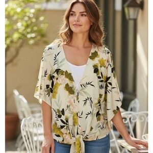 Aakaa Womens Top M Ivory Floral Tie Front Kimono Sleeve Boho Chic Cottagecore